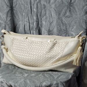 Jessica Moore Cream Woven Leather Shoulder Bag with Gold Accents